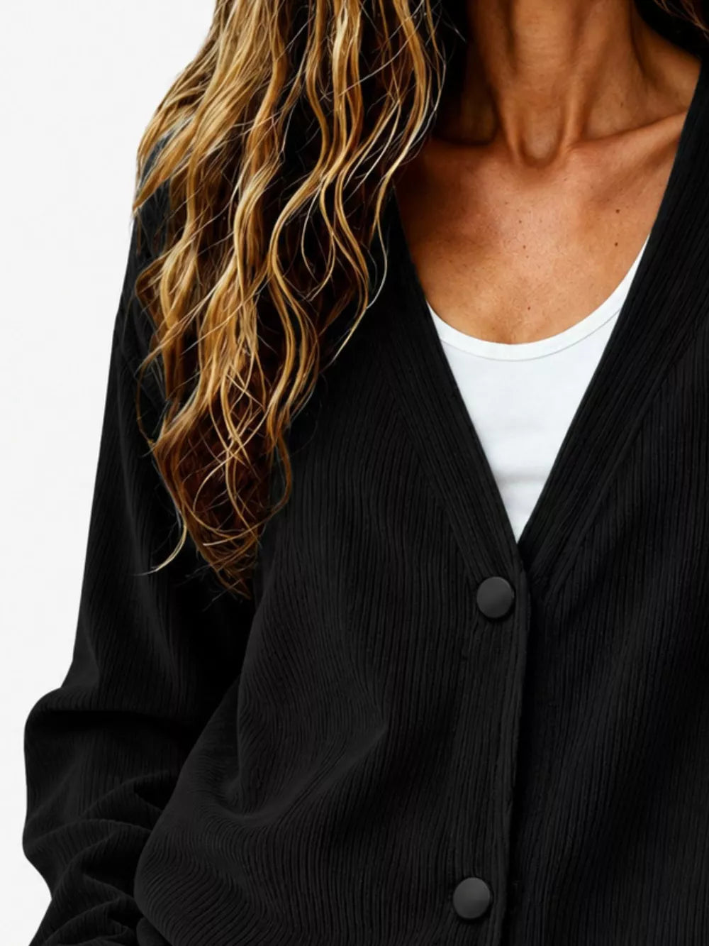 Casual Corduroy Button-up Cardigan in Terracotta, fit detail