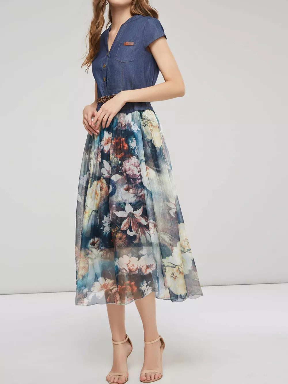 Blue denim button-down top dress with a flowing floral chiffon maxi skirt.