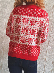 Red and white acrylic knit pullover sweater with snowflake pattern.