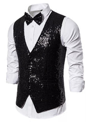 Black sequin men's slim-fit vest with a V-neck and button closure, styled with a white shirt and bow tie.