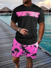 Men's Tropical Palm Tree Tee And Shorts Set in Hot Pink, front view