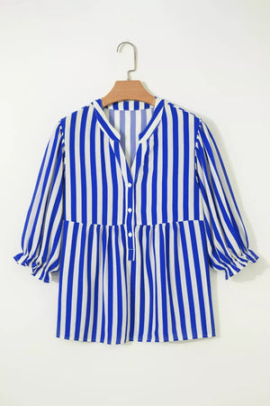 Blue and white striped button-down shirt with balloon sleeves and a tiered hem.