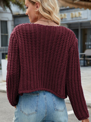 Burgundy chunky knit cardigan with gold buttons, acrylic, cropped length