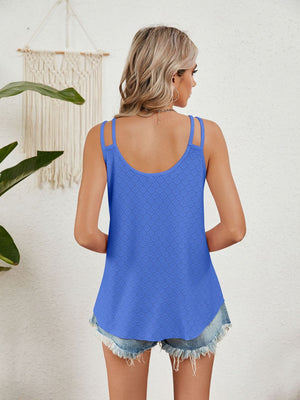 Blue eyelet overlay tank top with double straps and V-neck detail