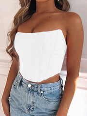 White structured corset crop top with strapless neckline and visible seams.