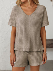 Ribbed V-neck loungewear set in Khaki with short sleeves and drawstring shorts.