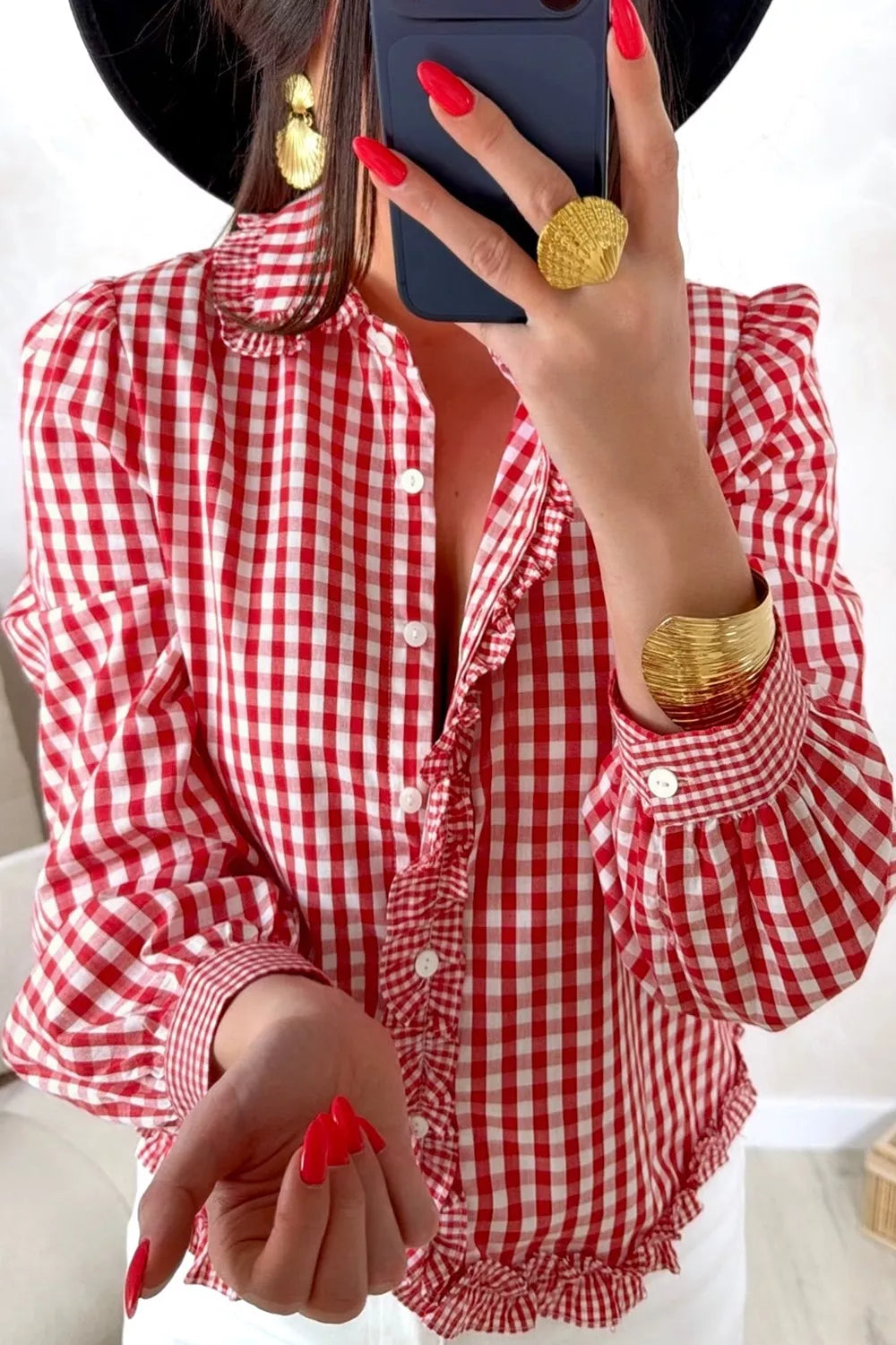 Plaid Long Sleeve Button Down Frill Shirt, close-up detail