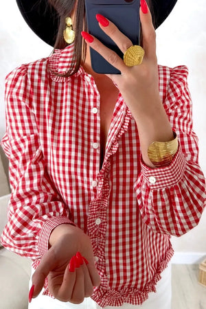 Plaid Long Sleeve Button Down Frill Shirt, close-up detail
