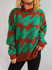Graphic Wave Knit Sweater in brown and green with a mock neck and long sleeves.
