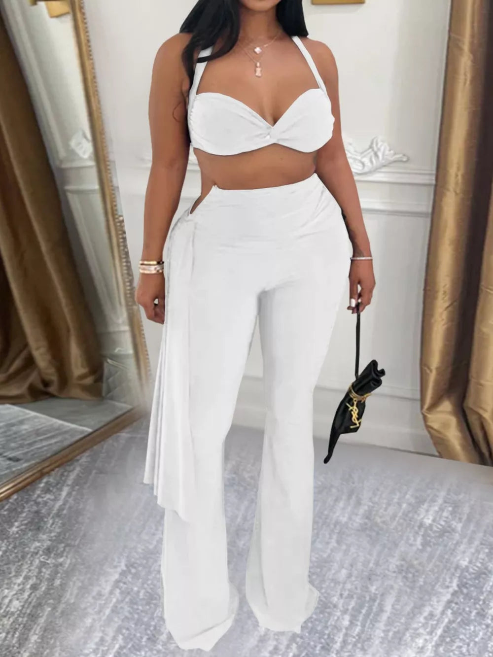 Halter Neck Top And Flare Pants Set in Black, close-up detail