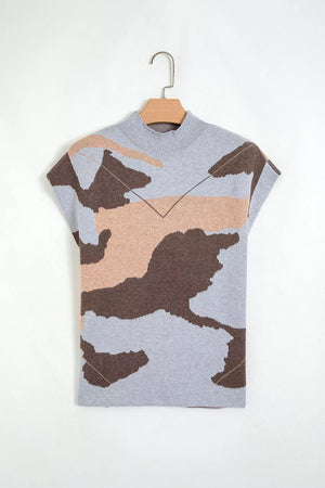 Camouflage Drop Shoulder High Neck Sweater in Gray, back view