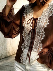 Sheer Lace-trimmed Front Tie Blouse in Khaki, editorial view