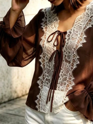 Sheer Lace-trimmed Front Tie Blouse in Khaki, editorial view