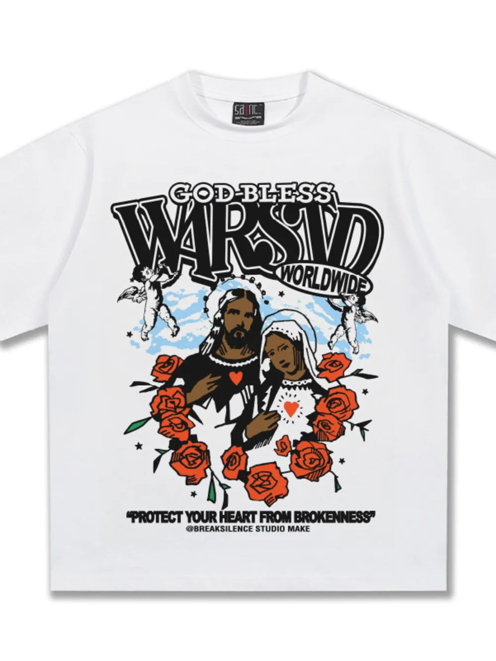 White cotton t-shirt with religious graphic art and roses.