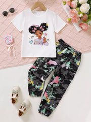 Girls' white cartoon graphic t-shirt and colorful camo cargo pants set.