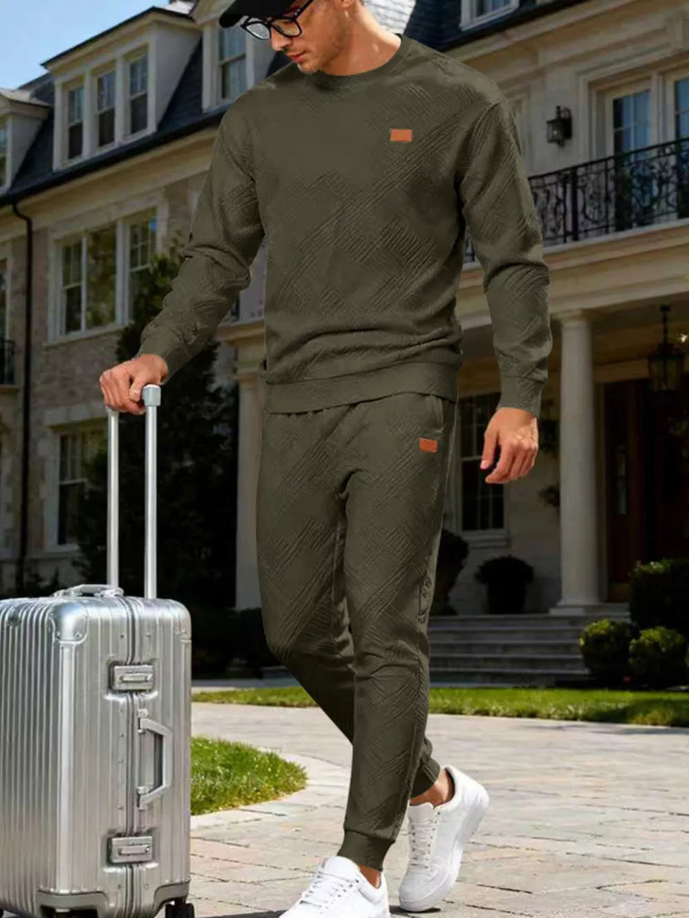 Men's Casual Textured Top And Pants Set in Navy Blue, alternate angle