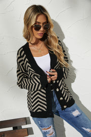 Chevron knit button-down cardigan in black and tan with a V-neck and button closure.