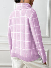 Pink purple grid-patterned turtleneck knit pullover sweater with ribbed hem and cuffs.