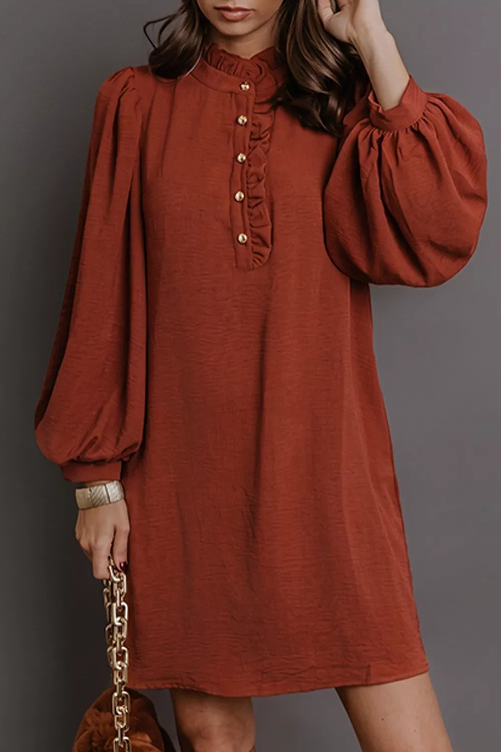 Solid Shift Long Sleeve Short Dress in Burgundy, front view