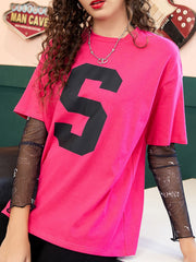 Varsity Number Tee in Strawberry with black mesh sleeves featuring a graphic print.