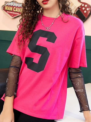 Varsity Number Tee in Strawberry with black mesh sleeves featuring a graphic print.