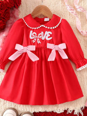 Children's Bow Long Sleeve Dress in Red, front view