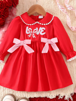 Children's Bow Long Sleeve Dress in Red, front view