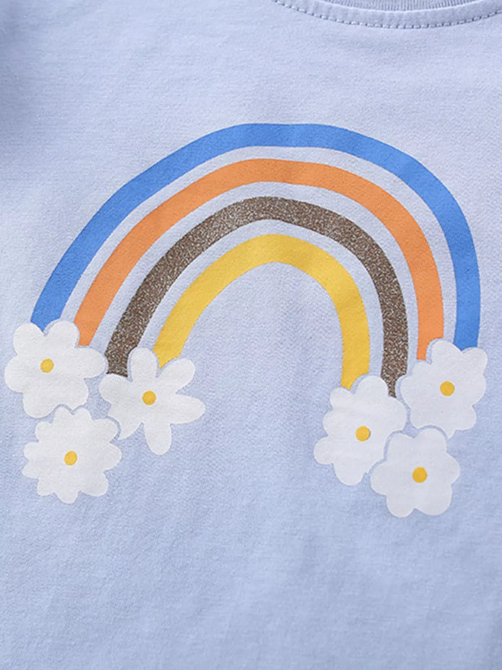 Light blue cotton blend toddler set with rainbow and flower graphic print.