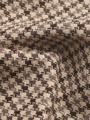Houndstooth double-breasted blazer in camel with a textured weave.