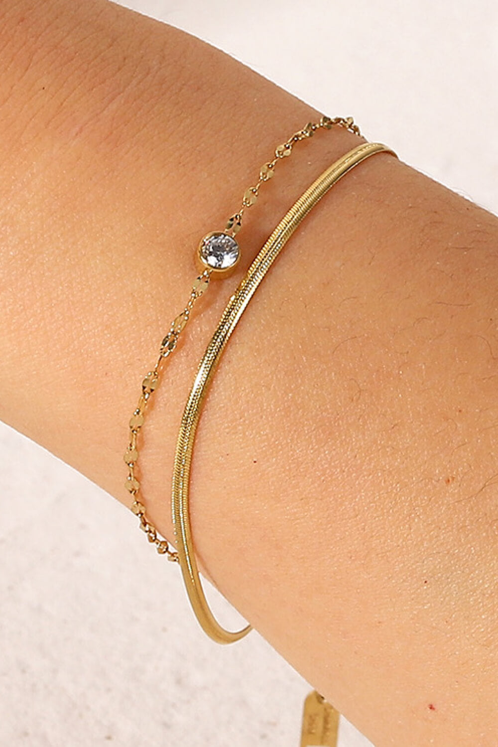 Gold double-strand bracelet with pavé charm and snake chain, 18k gold-plated