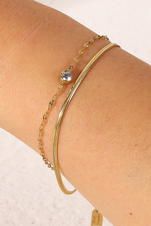 Gold double-strand bracelet with pavé charm and snake chain, 18k gold-plated