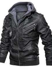 Black hooded leather jacket with zippered pockets and grey knit lining.