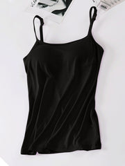 Black soft-cup cami with adjustable straps and a square neckline