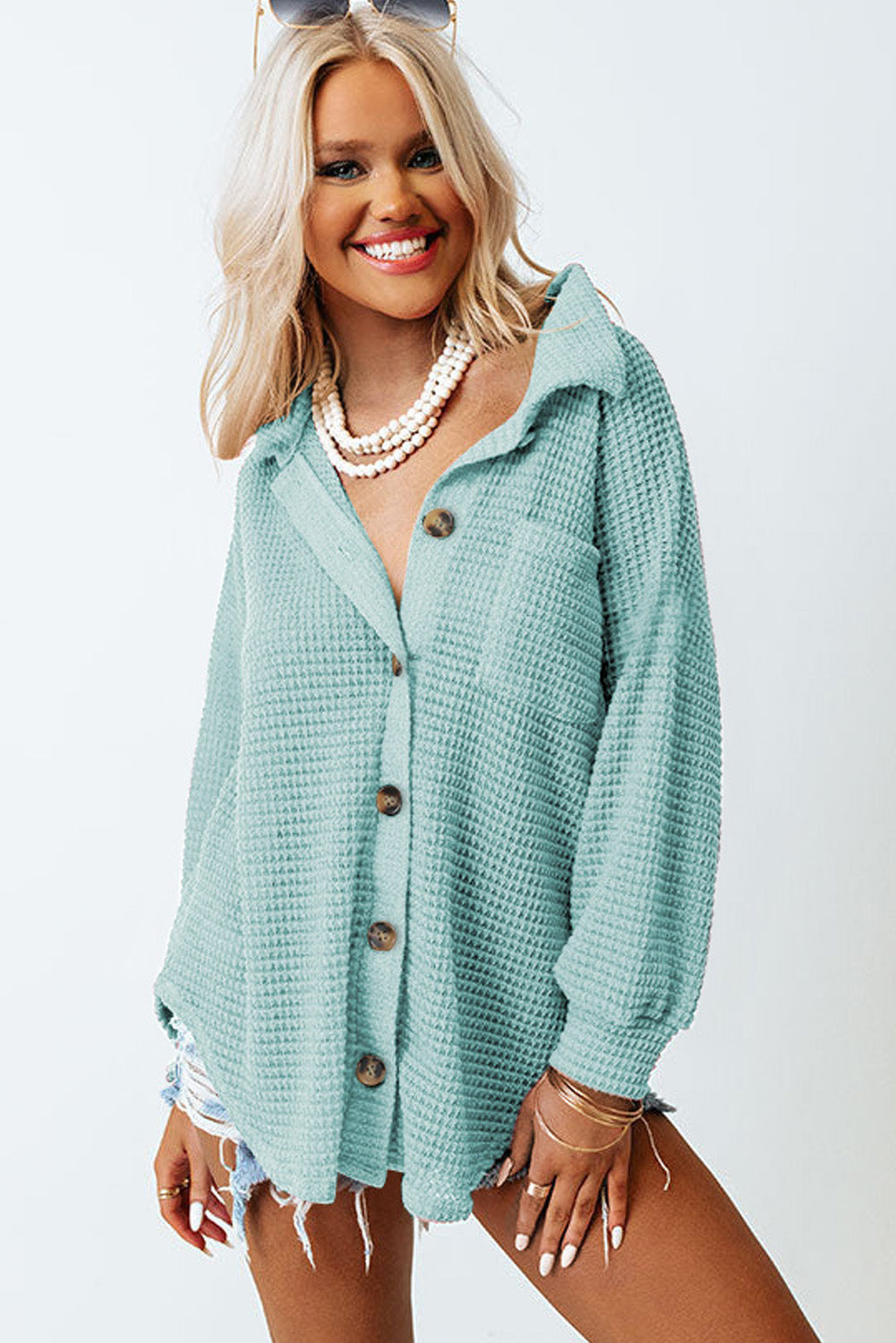 Light Green Waffle Knit Button-Down Shirt Jacket with pocket detail