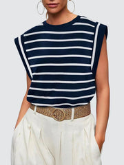 Navy and white striped sleeveless tank top with padded shoulders.