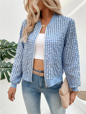 Light blue textured mesh bomber jacket with a checkered pattern and zip-up front.