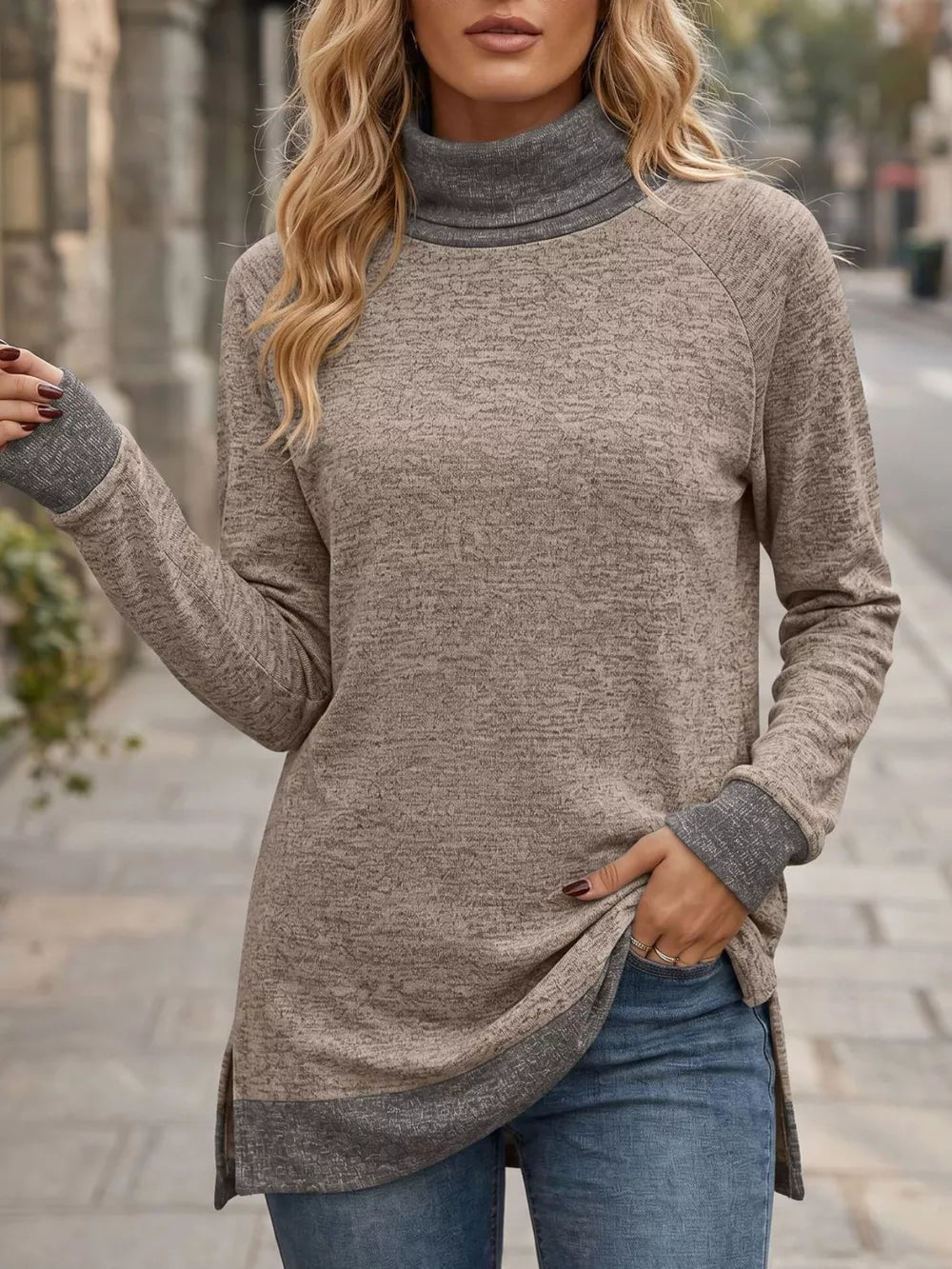 65% rayon, 30% polyester, 5% spandex Care instructions: Machine wash cold turtleneck sweater in Light Blue with regular