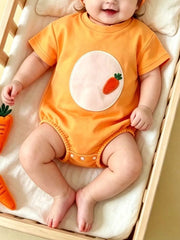 Children's Carrot Embroidered Round Neck One-piece & Hat Set in Orange, front view
