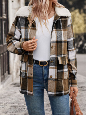 Sherpa-trimmed plaid shacket in camel with patch pockets and button closure.