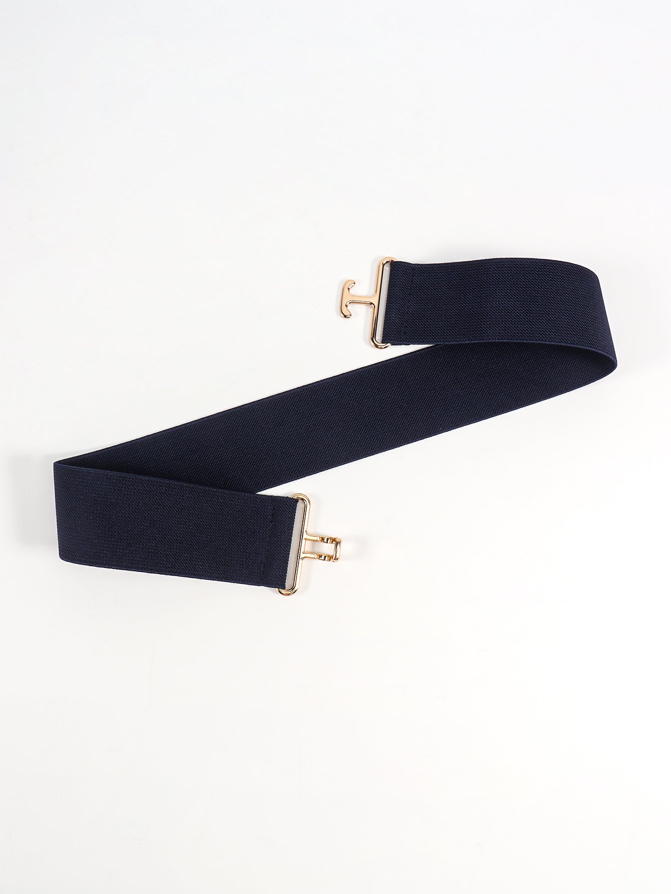 Dark blue elastic belt with gold sculpted buckle detail