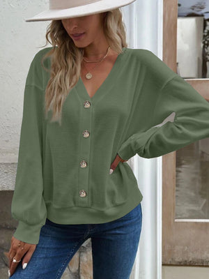 Waffle knit button-down cardigan in matcha green with V-neck and button closure