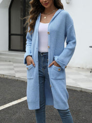 Light blue longline knit cardigan with hood, button front, and patch pockets.