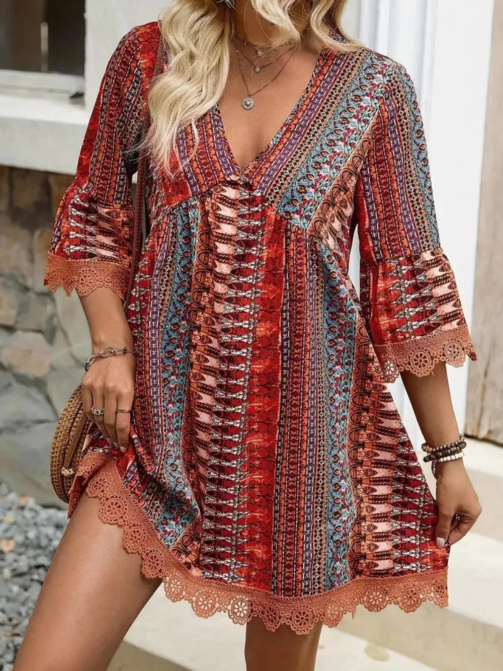 Bohemian printed red v-neck dress with bell sleeves and lace trim