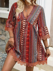 Bohemian printed red v-neck dress with bell sleeves and lace trim
