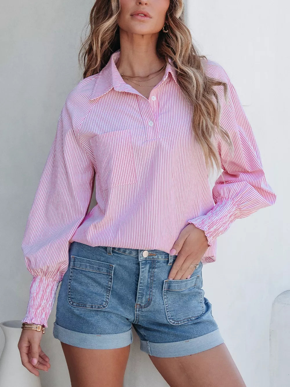 Effortlessly Chic Smocked Cuff Button Shirt