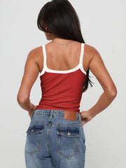 Deep Red ribbed tank top with white lace trim, square neckline, and spaghetti straps.
