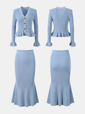 Light blue knit cardigan with ruffled hem and matching mermaid skirt.