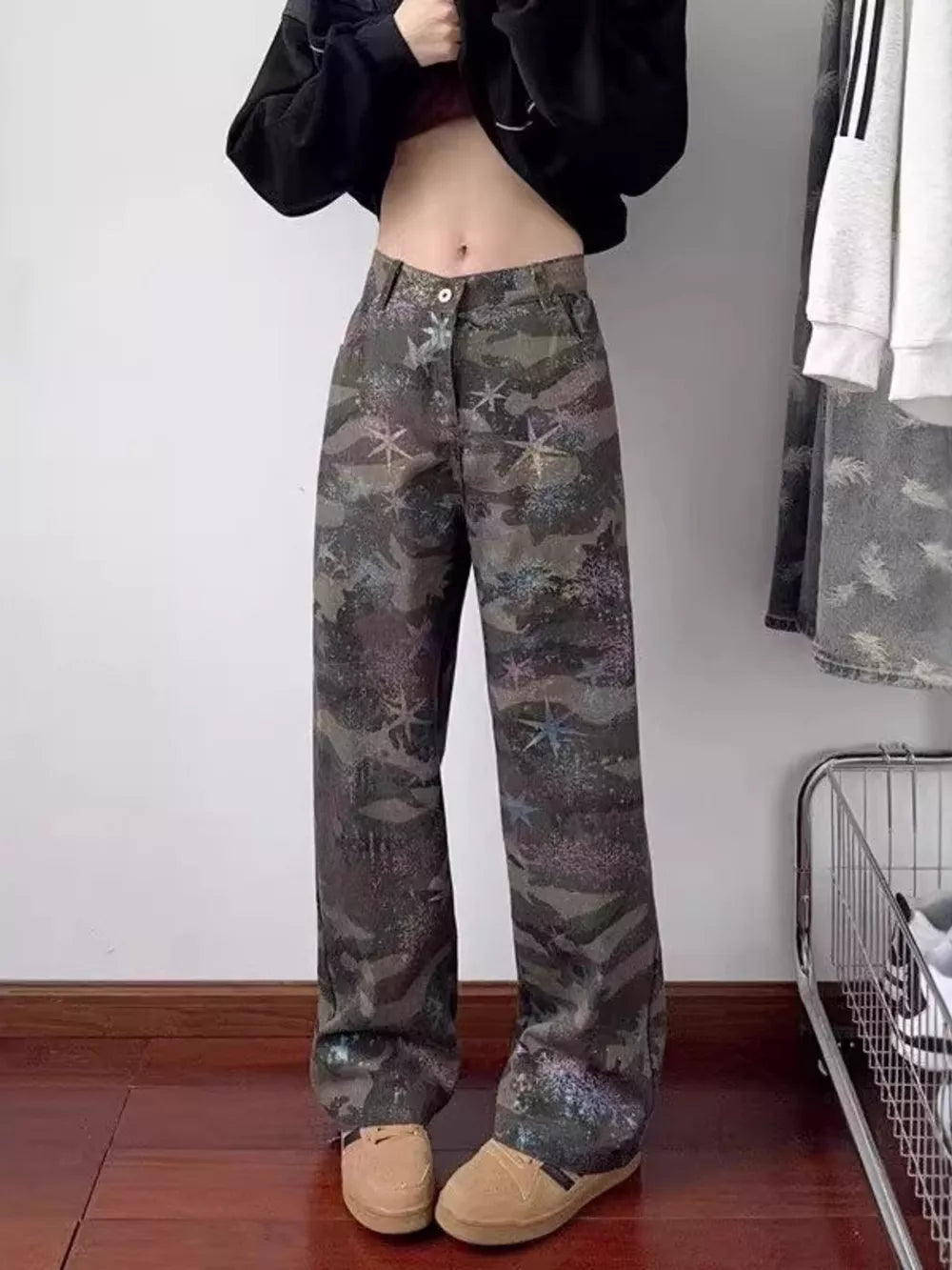 Camouflage wide-leg jeans with star accents, cotton blend, button fly.