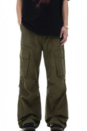 Olive green relaxed fit cargo pants with multiple pockets and a casual style.