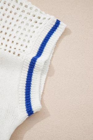 White eyelet knit sweater with blue striped cap sleeves.